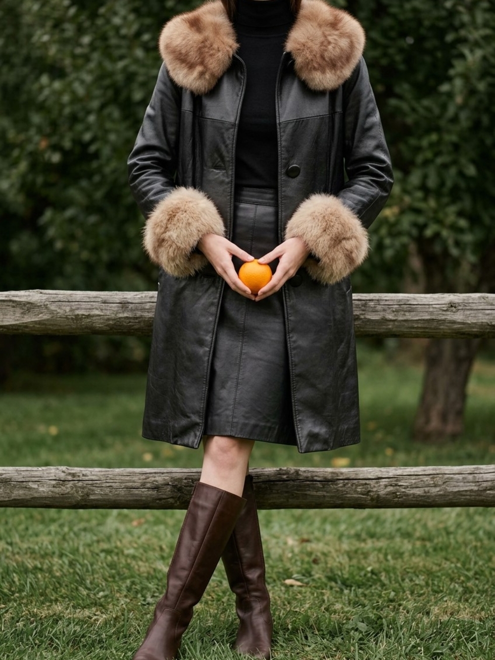 Leather Coat with Fur Trim - Black & Tan